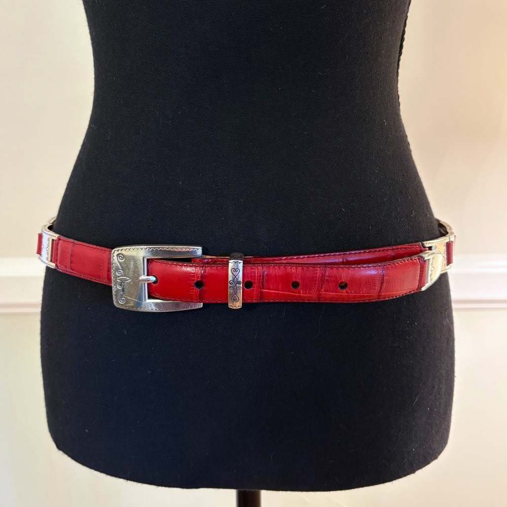 Brighton Red Croc Embossed Leather Belt Silver Scroll Link Hardware 41" B30227
